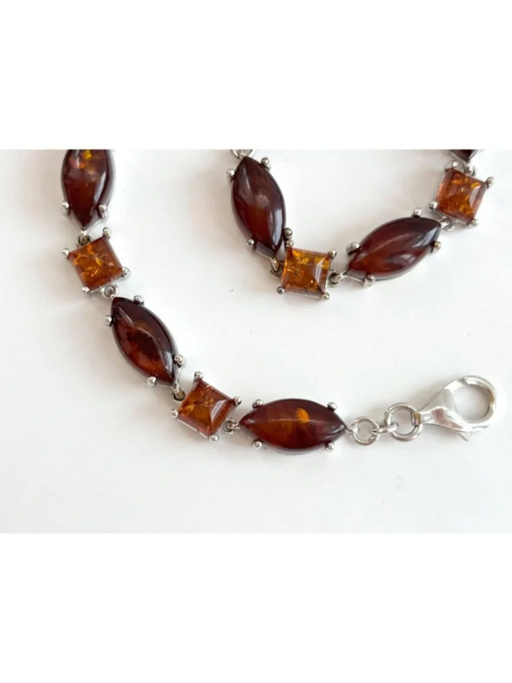 Natural Baltic Amber Marquise Chainlink Vintage Sterling Silver 925 Bracelet 7
